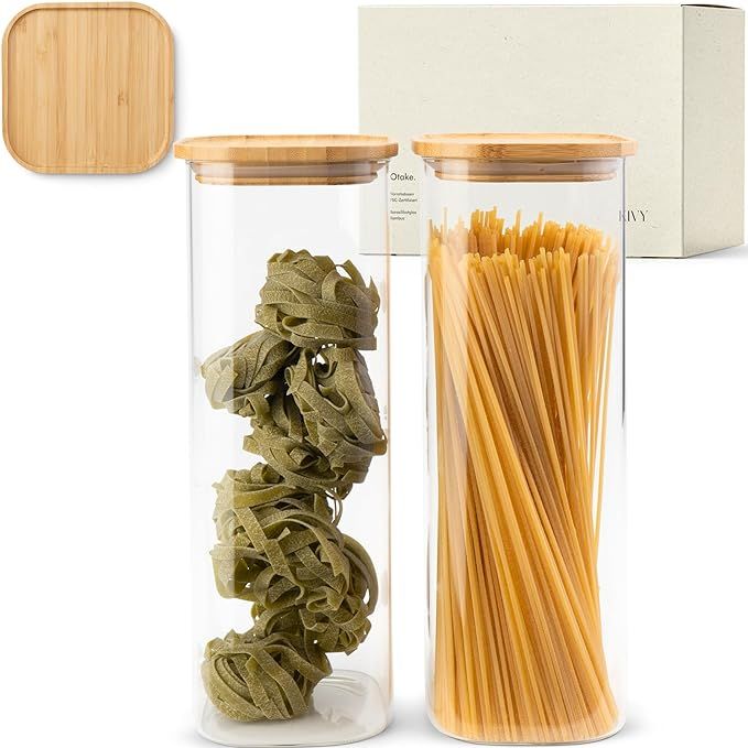 KIVY Square Glass Jars with Bamboo Lids [2x 74oz] Glass airtight food storage containers - Pasta ... | Amazon (US)
