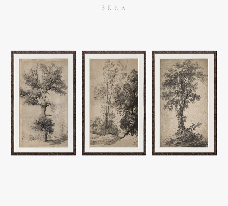 Vintage Art Print, Framed With Mat Gallery Wall Print Set, Rustic Tree Wall Art Set of 3, Forest ... | Etsy (US)