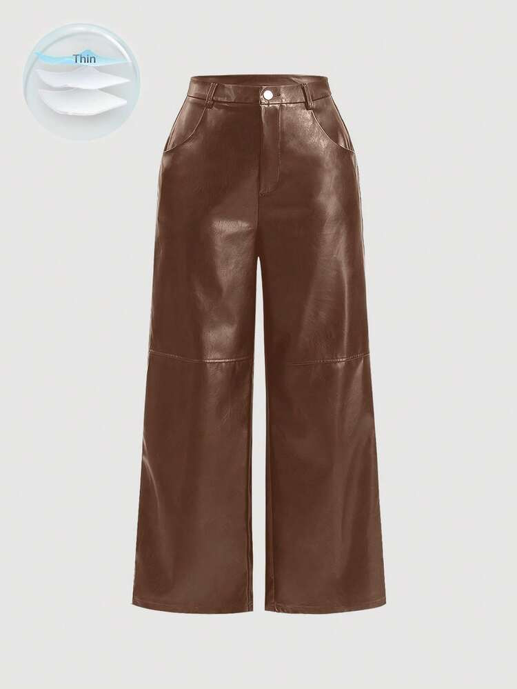SHEIN MOD Black Solid Color Design Patchwork Side Pocket Faux Leather Straight Leg Pants, Plus Size, For Winter | SHEIN