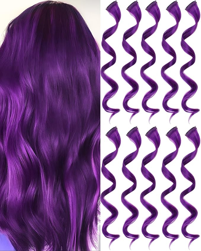 10 PCS Purple Hair Extensions, Curly Wavy Synthetic Hairpieces Clip in Rainbow Neon Party Highlig... | Amazon (US)