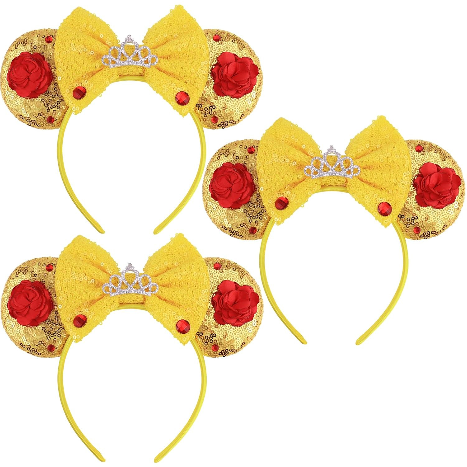 Mouse Ears Headband with Beauty Red Rose, Princess Belle Ears for Women Halloween Costume, Princess Party Headwear Hair Accessories for Women -3pcs Red Rose | Amazon (US)