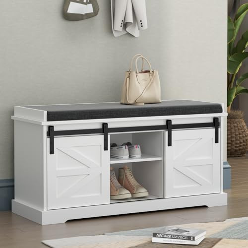 Loomie Shoe Storage Bench, 2-Tier Farmhouse Entryway Bench with Sliding Barn Door Storage Cabinets & Full Soft Removable Seat Cushion, Silm Shoe Rack with Shoe Cabinet for Entryway, Hallway, Bedroom | Amazon (US)