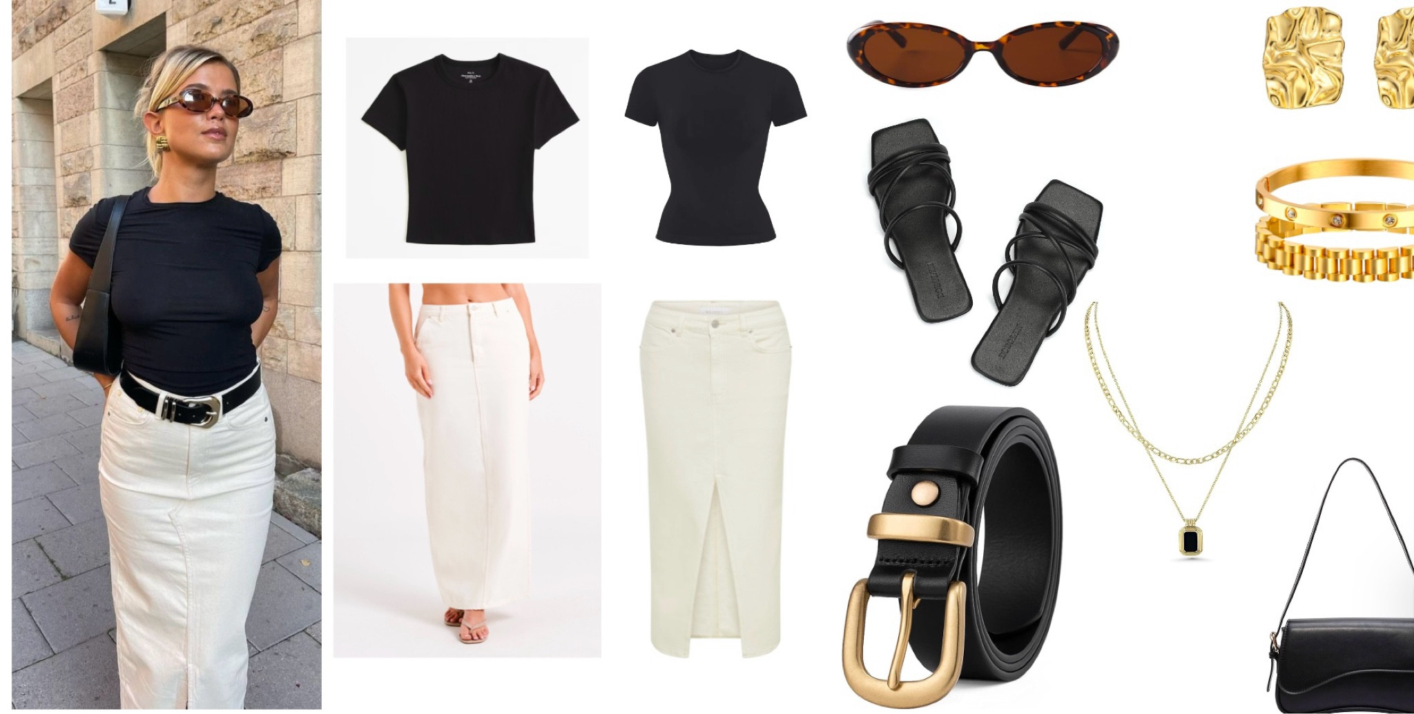 Basic black fitted t-shirt paired with white denim maxi skirt and accessories black belt, black sandals, and brown sunnies! Gold jewelry to add to the outfit! 

#LTKstyletip #LTKSeasonal #LTKfindsunder100