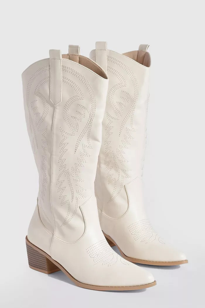 Calf Detail Embroidered Western Cowboy Boots | Boohoo.com (UK & IE)