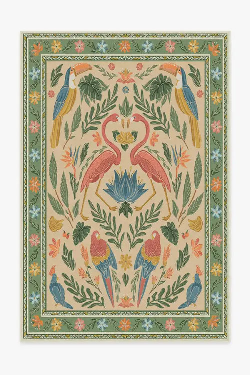 Iris Apfel Birds Of A Feather Green & Peach Rug | Ruggable