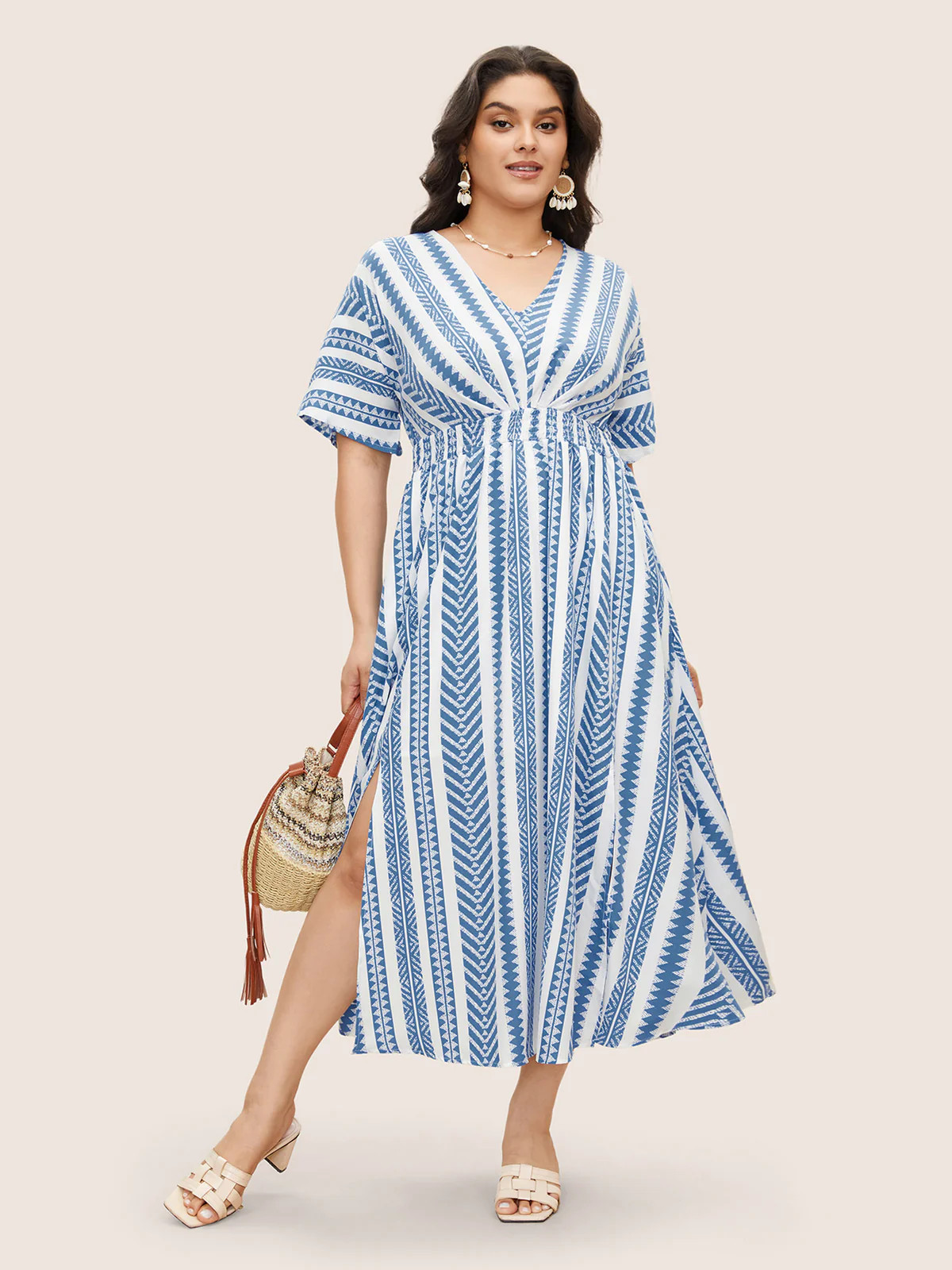 Solid Geometric Dolman Sleeve Pocket Shirred Split Hem Dress | Bloomchic