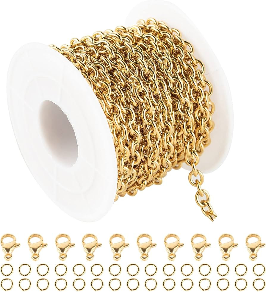 16.4 Feet Gold Chain Spool Stainless Steel Rolo Cable Chains for Jewelry Making Cross Bracelets Necklace Chains Bulk with Lobster Clasps and Jump Rings | Amazon (US)
