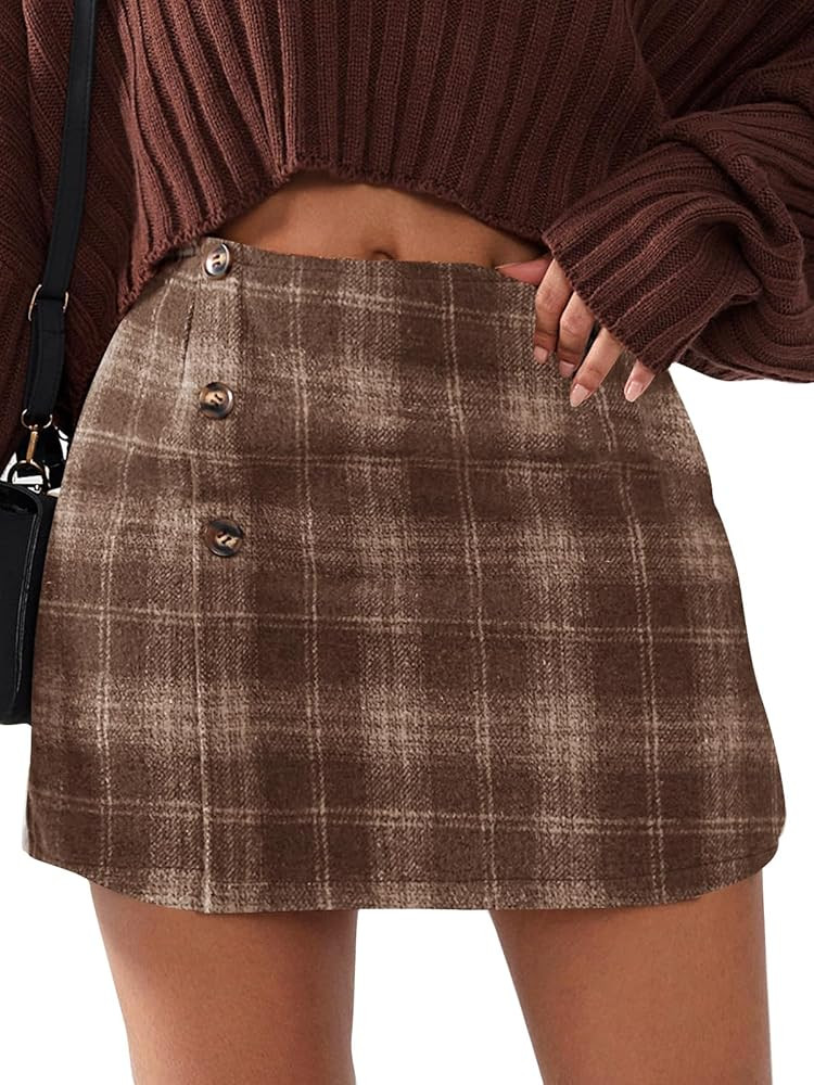 EXLURA Womens Faux Wool Plaid Mini Skirt Elastic High Waisted Tweed Skirts Button Bodycon Skirt F... | Amazon (US)