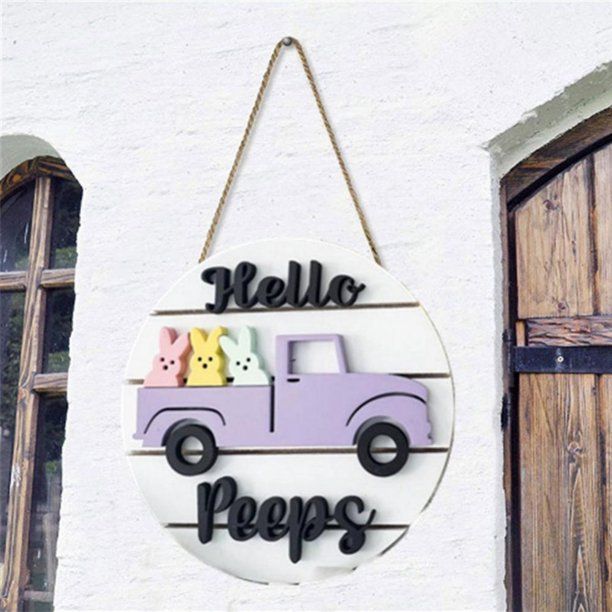 Easter Decoration Hello Peeps Wood Sign Plaque(12"x 12"), Happy Easter Truck with Easter Eggs Dec... | Walmart (US)