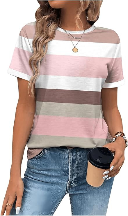 Women's Color Block Striped T Shirt Short Sleeve Round Neck Tee Shirts Casual Summer Tees | Amazon (US)