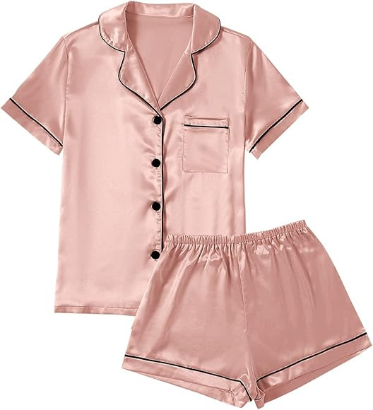 LYANER Women's Satin Pajamas Set Short Sleeve Button Shirt Silky Sleepwear with Shorts Set PJ | Amazon (US)