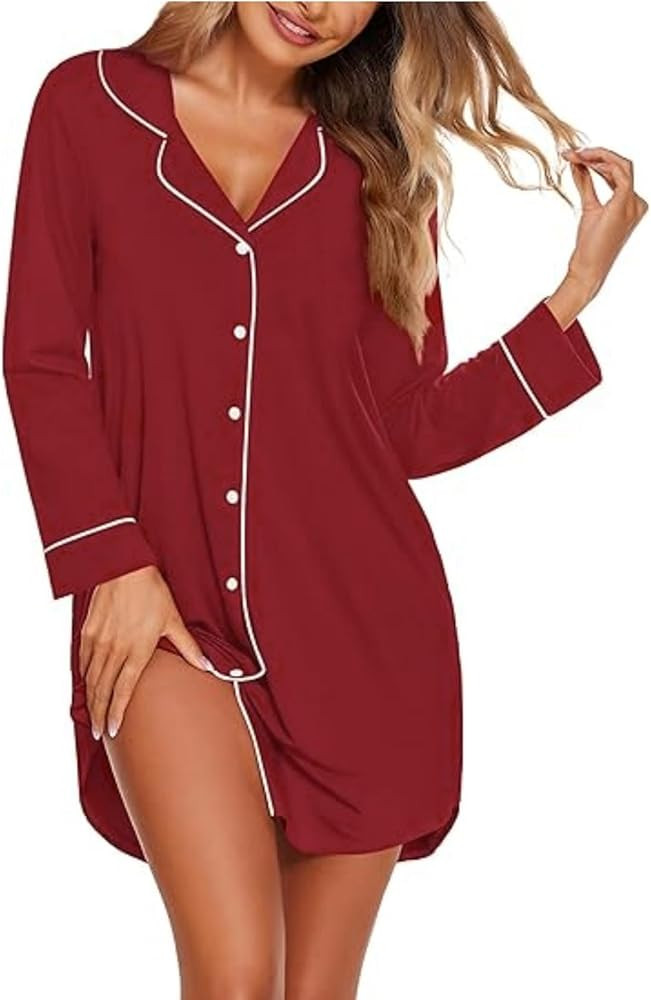 Ekouaer Women's Nightgown Long Sleeve Nightshirt Button Down Sleepshirt Boyfriend Sleepwear Pajam... | Amazon (US)