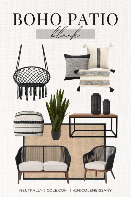 Black boho patio decor style

// #ltkhome #ltkseasonal #ltkfind #ltkstyletip #ltkunder50 #ltkunder100 home decor, patio decor, backyard decor, patio furniture, backyard furniture, outdoor decor, outdoor furniture, jute rug, outdoor rug, boho rug, area rug, patio rug, throw pillows, patio chairs, patio sofa, outdoor couch, side table, accent table, outdoor table, rattan lanterns, outdoor plant, floor pouf, ottoman, crochet swing chair, macrame swing chair, neutrals, neutral style, tan, bamboo, rattan, cane, acacia wood, minimalist, Target, World Market, Home Depot, Wayfair, Urban Outfitters, Amazon, Walmart