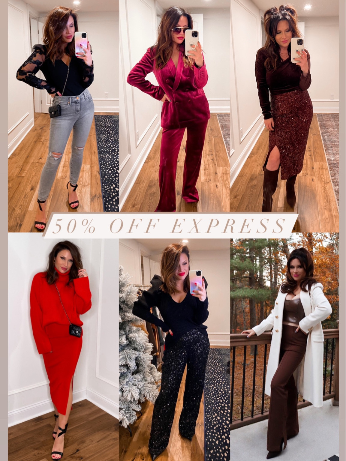 50% off Express! 

Holiday style, sequin outfit, velvet, distressed denim, red sweater

#LTKsalealert #LTKCyberweek #LTKHoliday