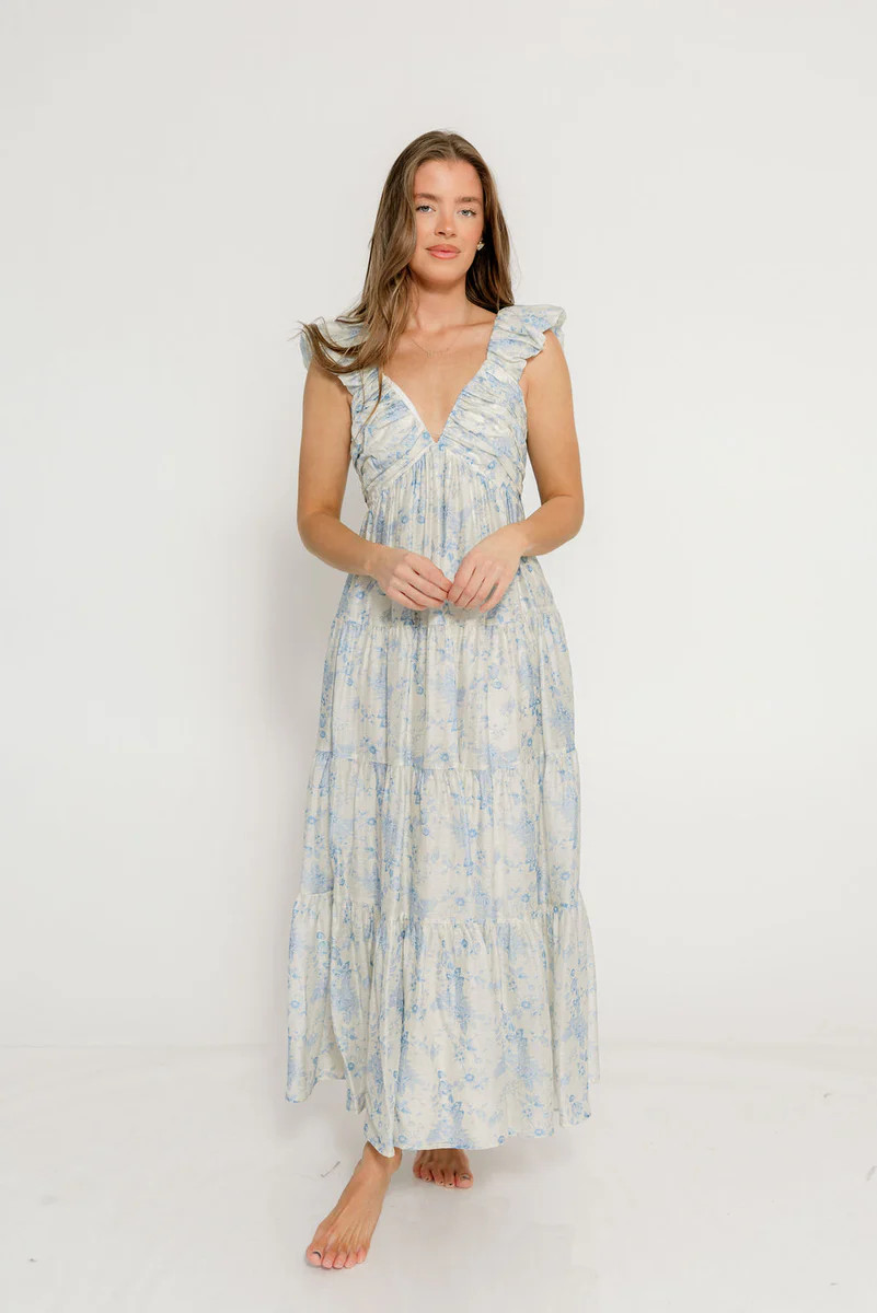 Katy Pleated Bodice Maxi Dress in Blue Floral | Worth Collective