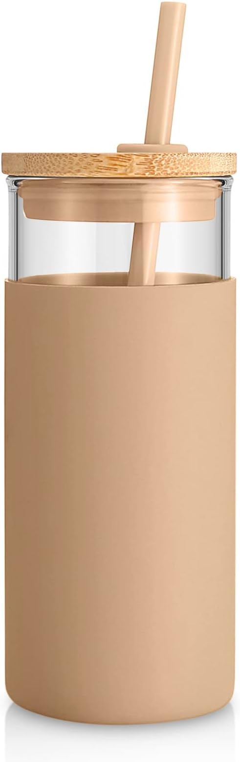 Tronco 20 oz Glass Tumbler with Lid and Straw, Iced Coffee Cup and Smoothie Cup with Bamboo Lids ... | Amazon (US)