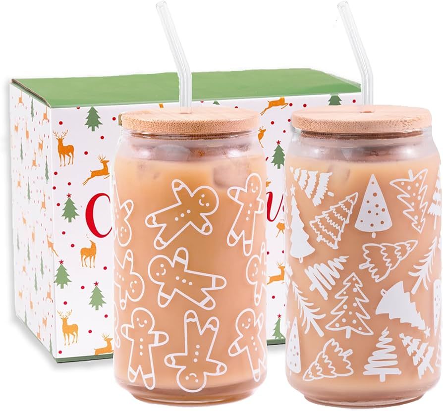 WODOHOLO Christmas Cups Gift 16oz Christmas Coffee Can Glass with Lid and Straw Xmas Tree Drinkin... | Amazon (US)