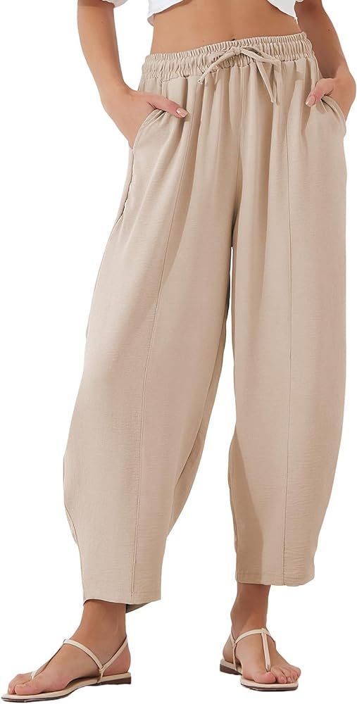 EVALESS Women's Summer High Waisted Baggy Pants Casual Ankle Length Trouser Slacks with Pockets | Amazon (US)