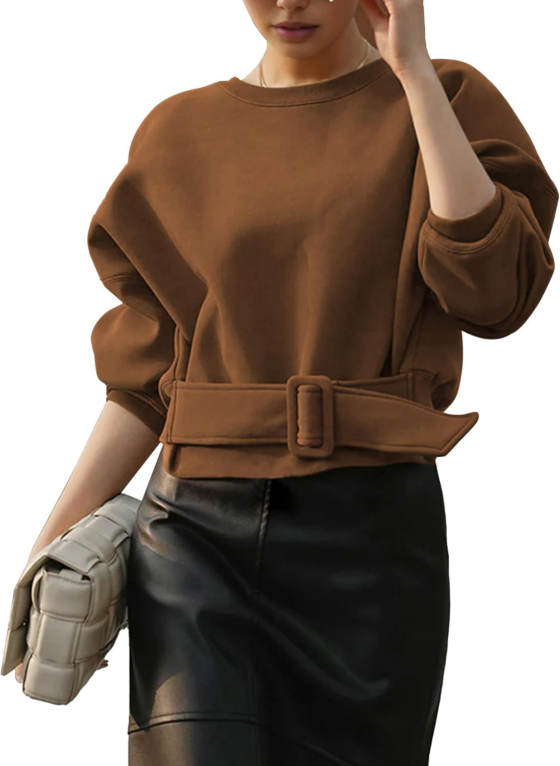 Womens Cropped Sweatshirts Belted Tops Long Sleeve Pullover | Amazon (US)