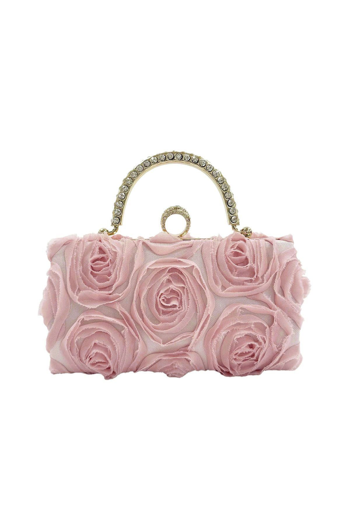 Opulent Rose Rhinestone Handle Clutch in Pink | Chicwish