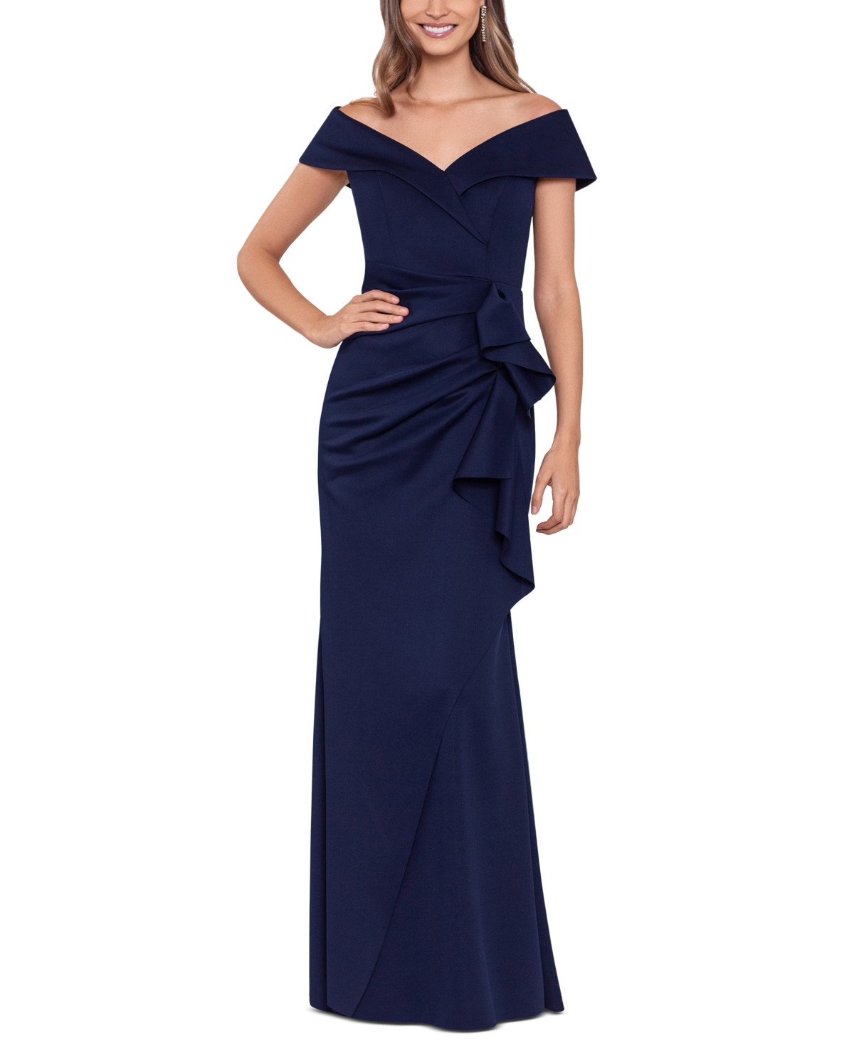 Xscape Scuba Off-The-Shoulder Gown - Midnight | Macy's