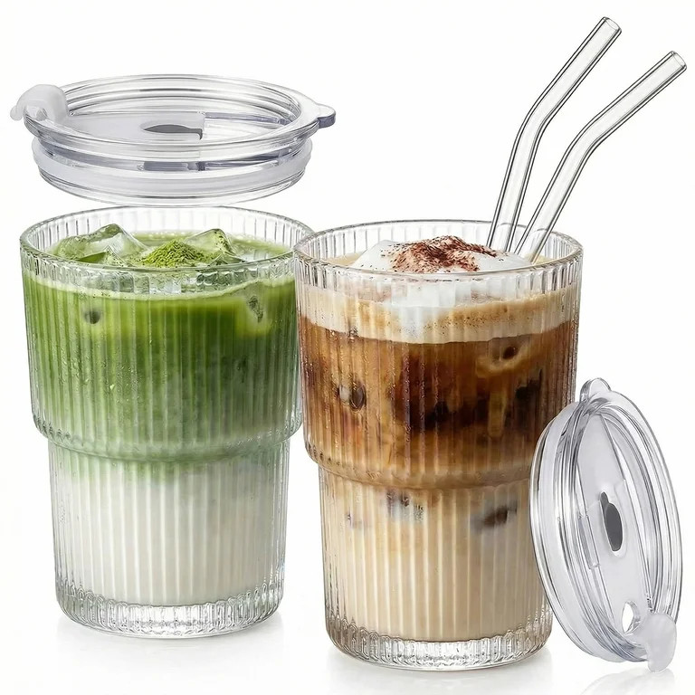 2PCS 400ML Ribbed Glass Tumblers with Lids and Straws, Iced Coffee Cup, Leakproof Glass with Stra... | Walmart (US)