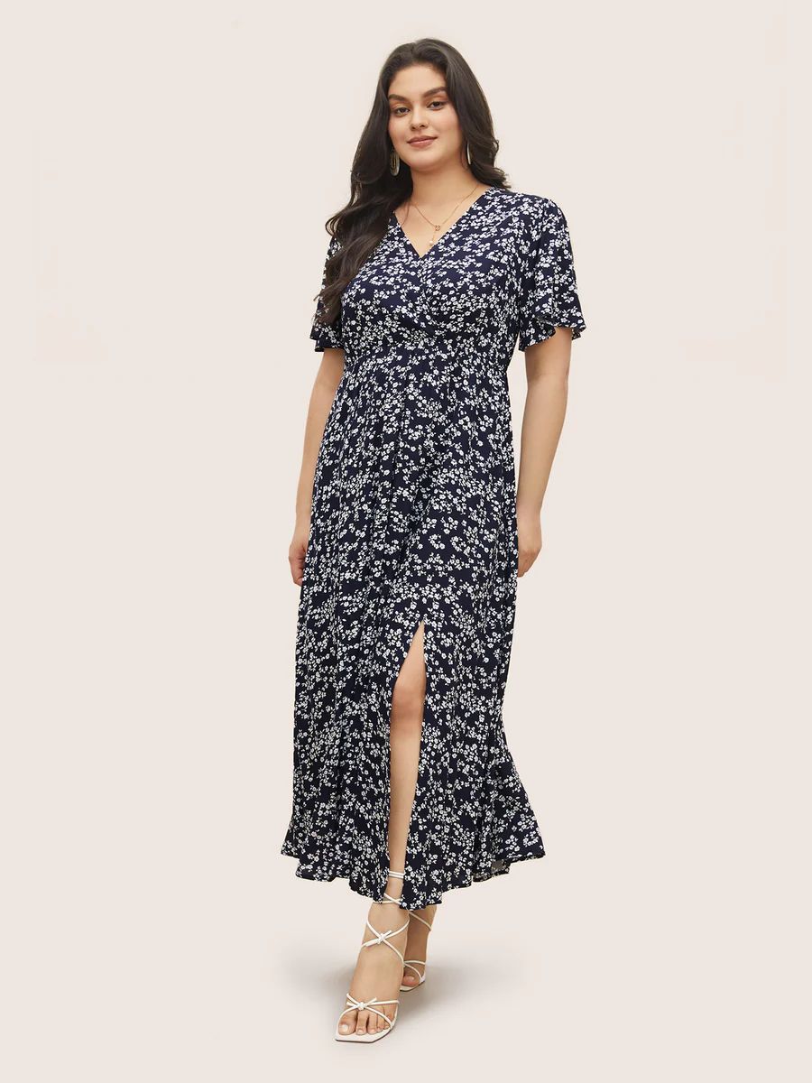 Bloom Dress - Flutter Sleeve Ditsy Floral Pocket Split Maxi Dress | Bloomchic