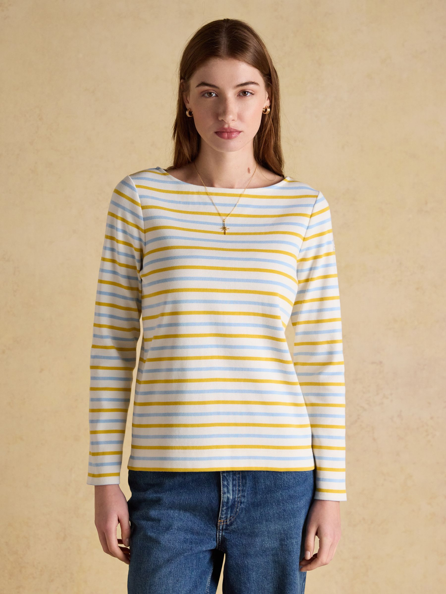 Harbour Blue & Yellow Long Sleeve Striped Boat Neck Long Sleeve Breton Top | Joules | Joules