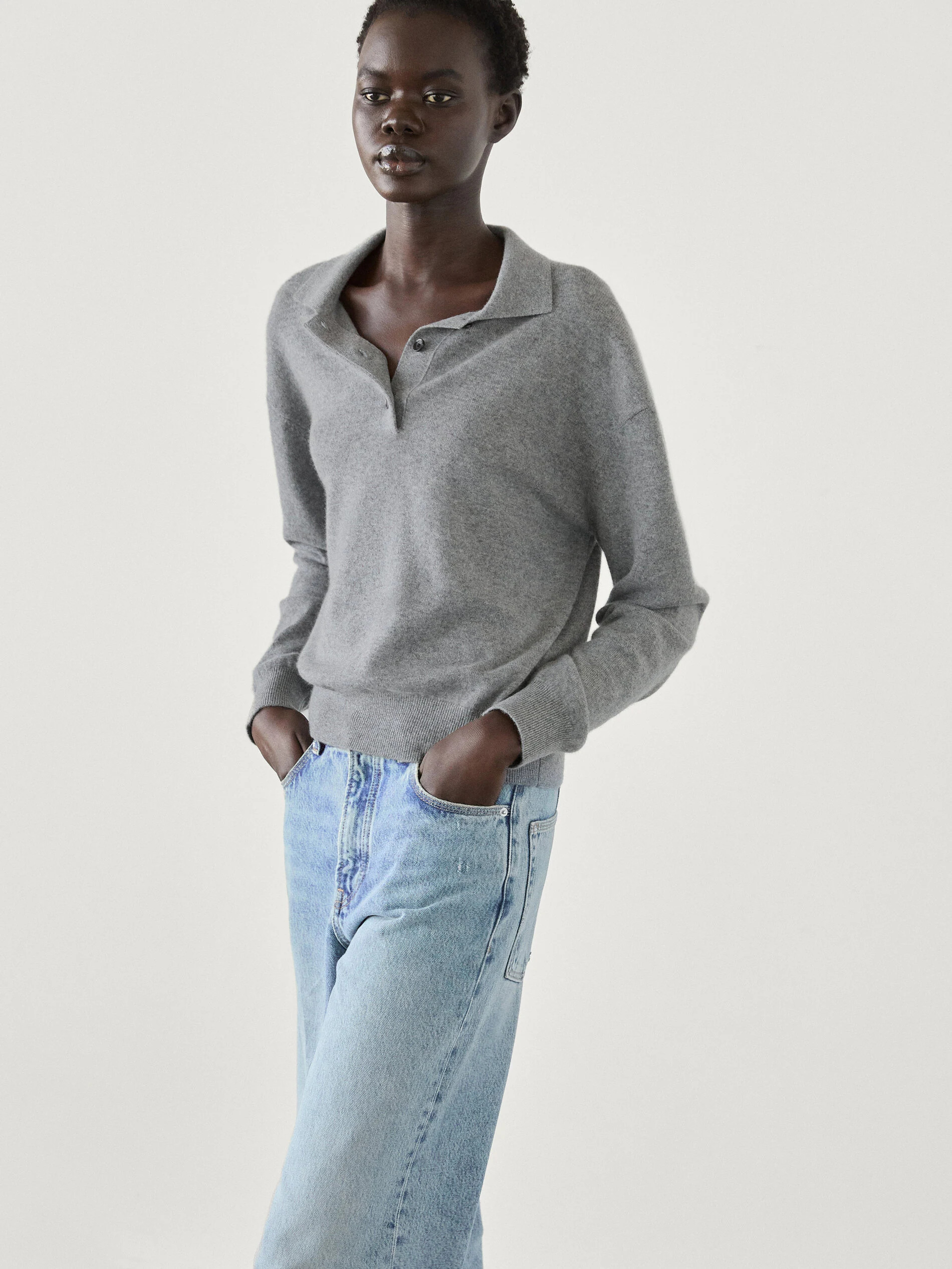 Knit cashmere sweater with polo collar | Massimo Dutti UK