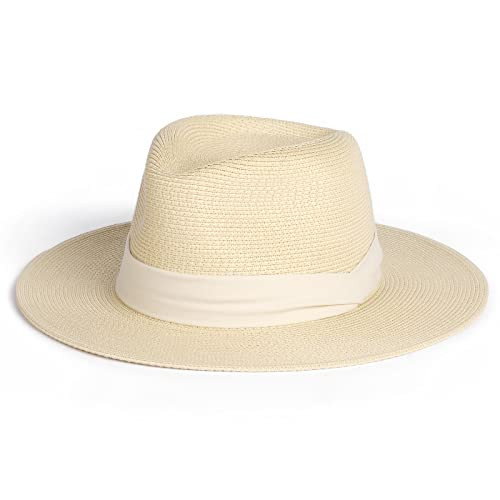 FURTALK Womens Mens Wide Brim Straw Panama Hat Fedora Summer Beach Sun Hat UPF Straw Hat for Women Beige-White | Amazon (US)