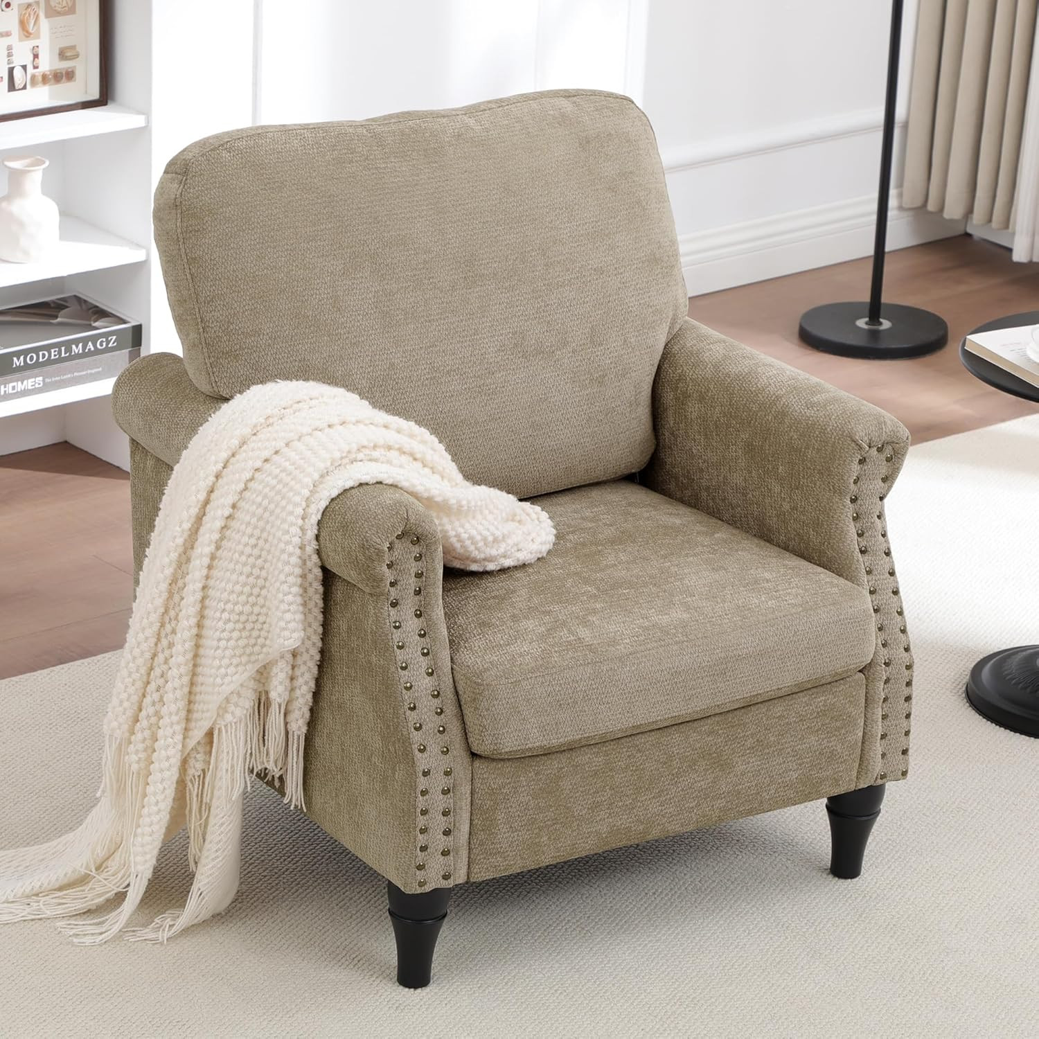 Accent Chair for Living Room, Modern Mid Century Reading Chair Armchair High Back Upholstered Armchair with Wooden Legs for Living Room Bedroom Office (Brown, 1pcs) | Amazon (US)