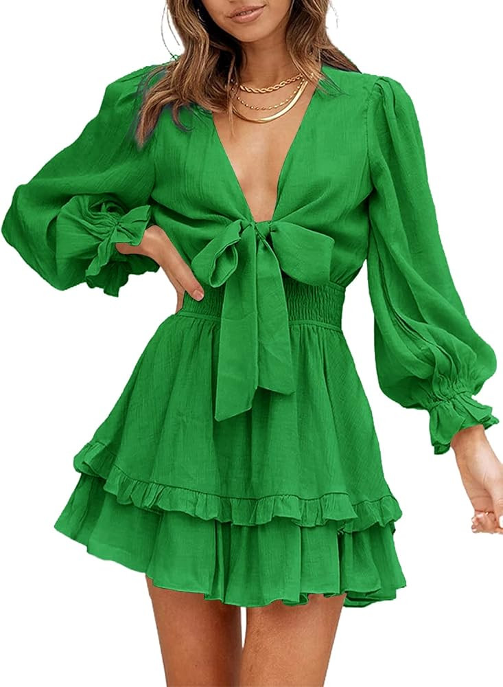 SySea Women's Sexy V Neck Tie Front Leopard Ruffle Long Sleeve Flowy Summer Mini Dress | Amazon (US)