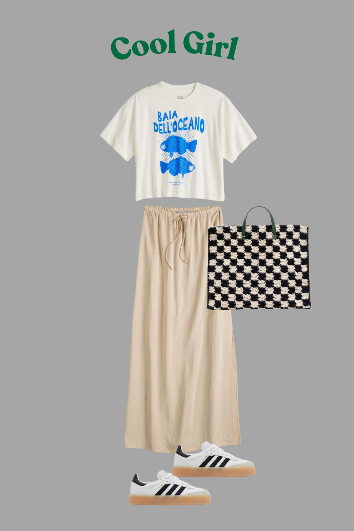 Graphic T-shirt, tote bag, maxi skirt, adidas, cool girl, casual, trendy, European, Italy, vacation, wine tasting, Napa, farmers market, coffee shop