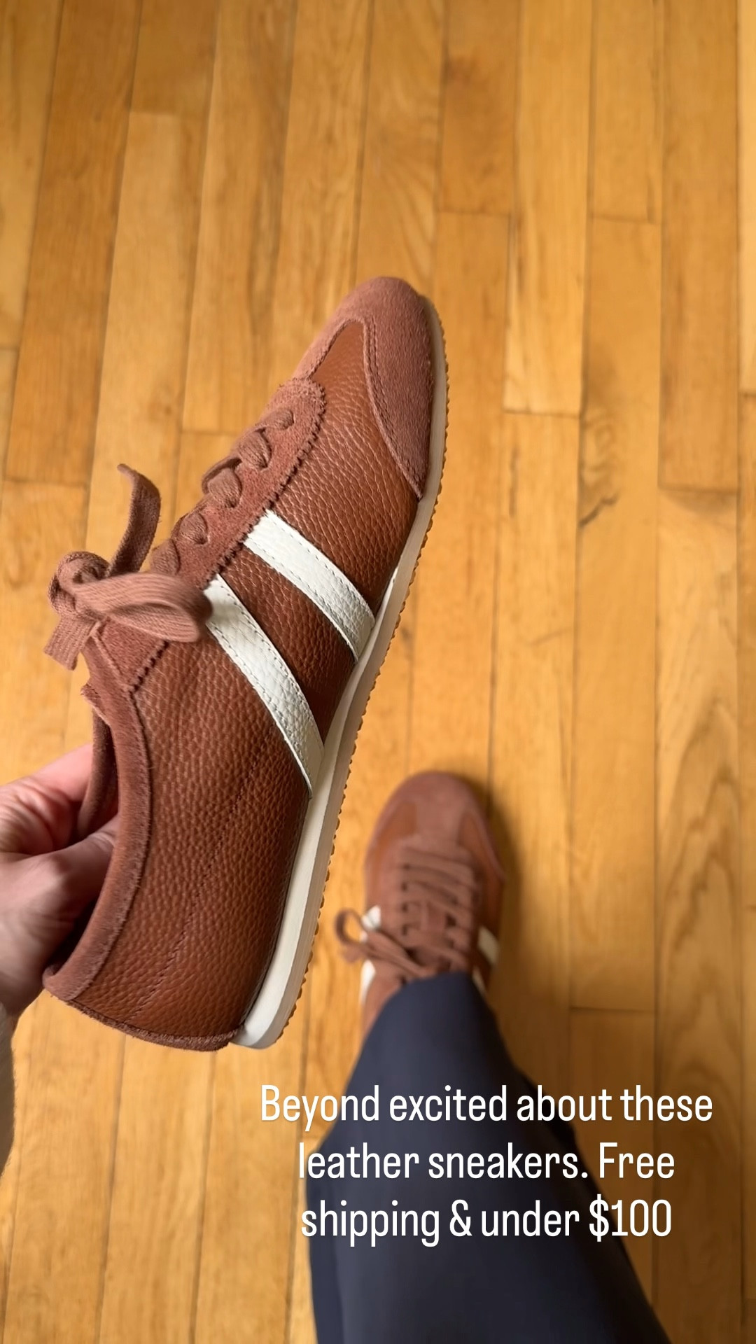 The prettiest leather sneakers under $100. Free shipping too. Sized up 1/2 to wear with socks 