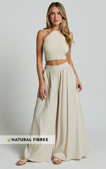 Tamara Pants - High Elasticated Waist Wide Leg Pants in Natural | Showpo (ANZ)