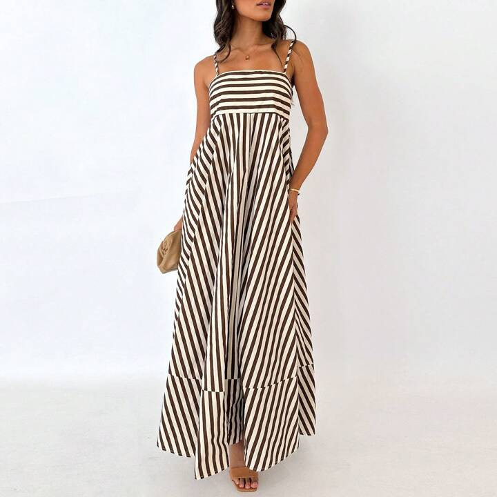 Women's Summer Beach Casual Long Cami Dress Stripe Dot Print Spaghetti Strap Backless A-Line Flowy Dress | SHEIN