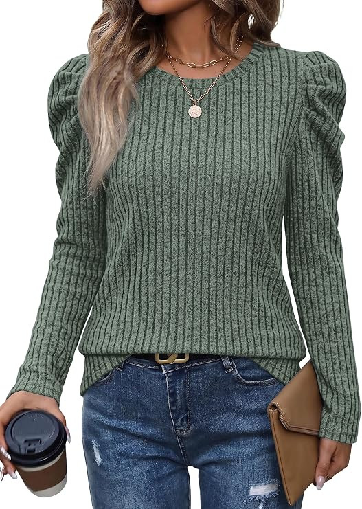 WIHOLL Fall Outfits for Women Puff Long Sleeve Shirts Lightweight Sweaters | Fashion Clothing,Win... | Amazon (US)