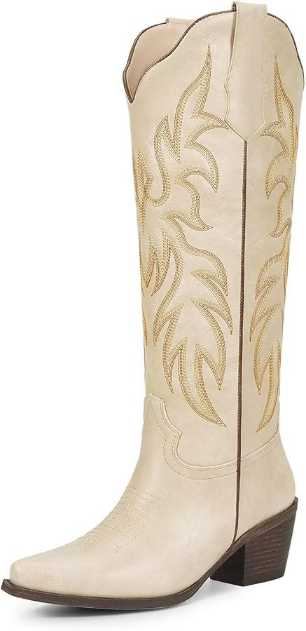 wetkiss Cowboy Boots for Women Knee High Cowgirl Boots with Chunky Low Heel and Pointed Toe, Wome... | Amazon (US)