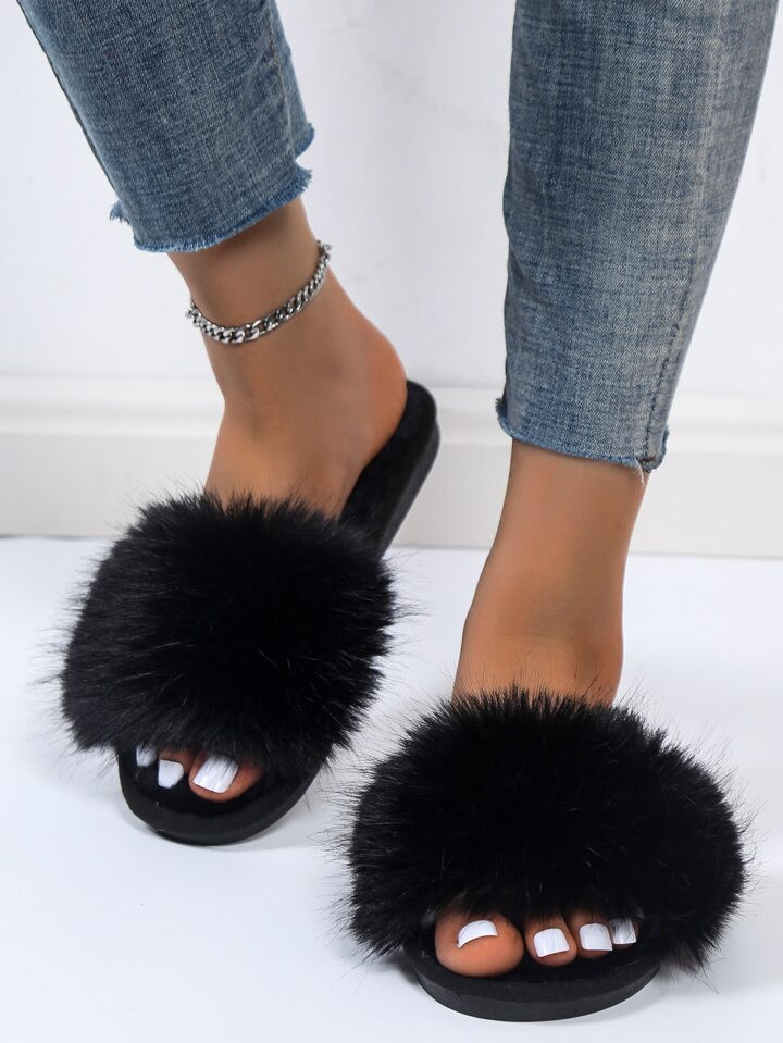 Women Single Band Fluffy Home Slippers, Fashion Black Bedroom Slippers | SHEIN
