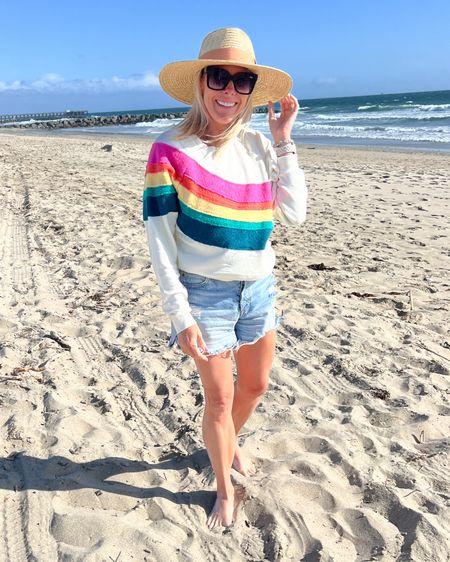 Love this terry rainbow wave sweatshirt with jean shorts, Birkenstocks and sunglasses. Size medium sweatshirt. I sized up one bc it runs small  sun hat straw hat beach sweatshirt 


#LTKtravel #LTKSeasonal #LTKover40