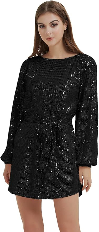 Anna-Kaci Women's Sparkly Sequins Party Dress Long Sleeve Crew Neck Elegant Loose Fashion Dresses | Amazon (US)