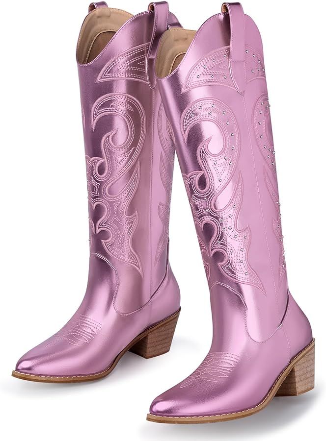 SHIBEVER Knee High Boots for Women: Cowboy Cowgirl Low Heel Metallic Western Glitter Pointed Toe ... | Amazon (US)