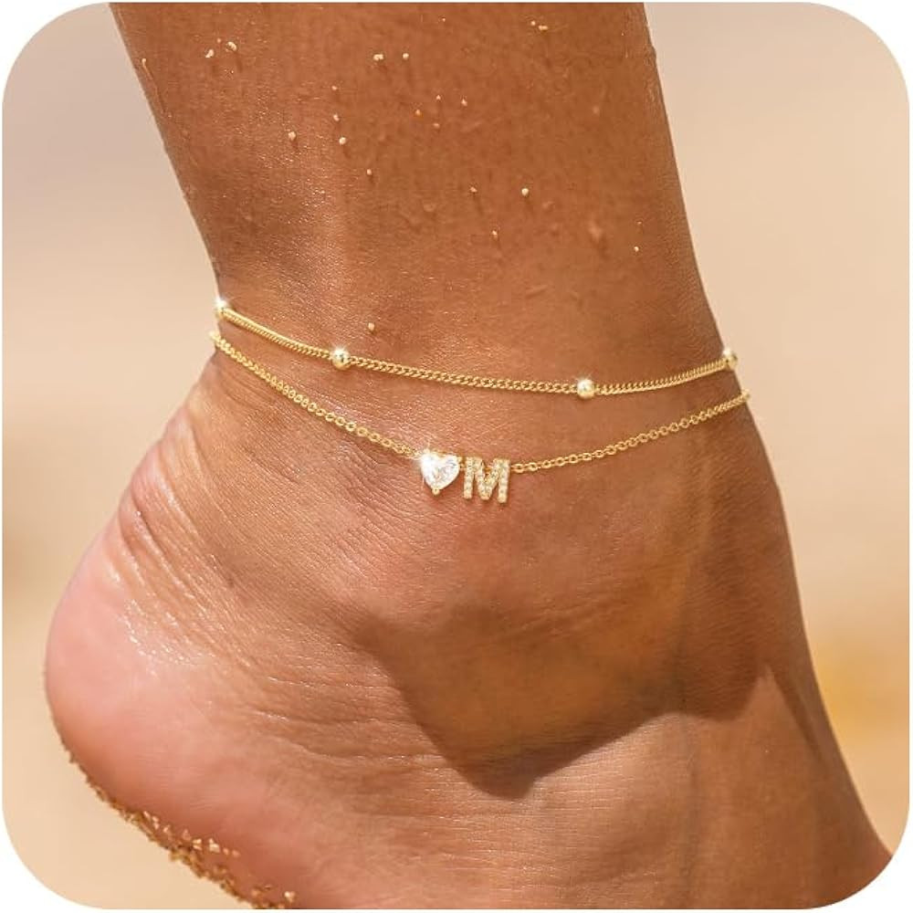 NECOCY 14k Gold Plated Love Heart Initial Anklets for Women Dainty CZ Anklet Trendy Waterproof Fa... | Amazon (US)