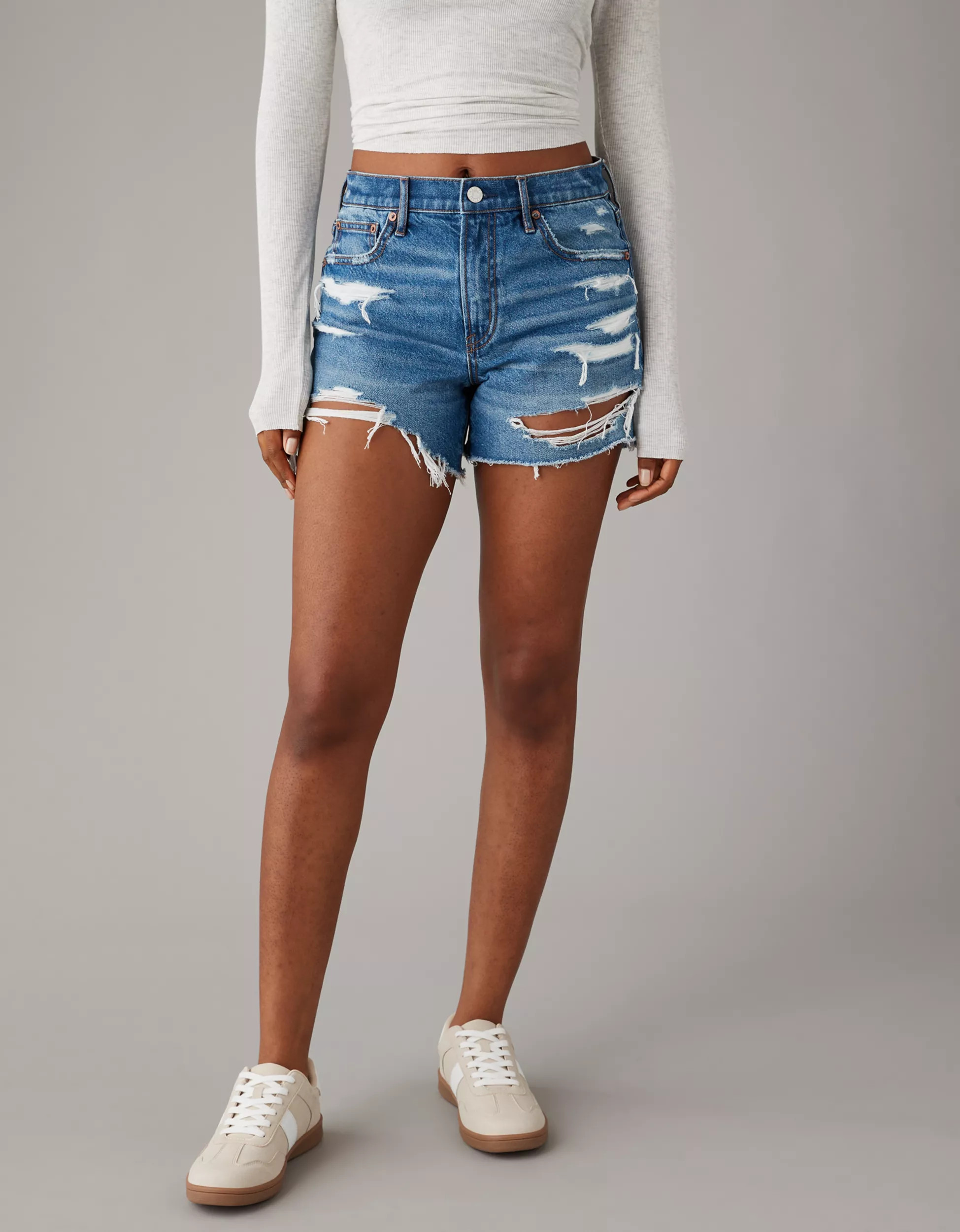 AE Strigid 4" Perfect Ripped Denim Short | American Eagle Outfitters (US & CA)