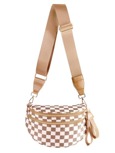 Black and White Checkered Crossbody Bag Bum Bag for Women,Spacious Checkered Purse Fanny Packs Belt Bag (Light Brown Checkered) | Amazon (US)