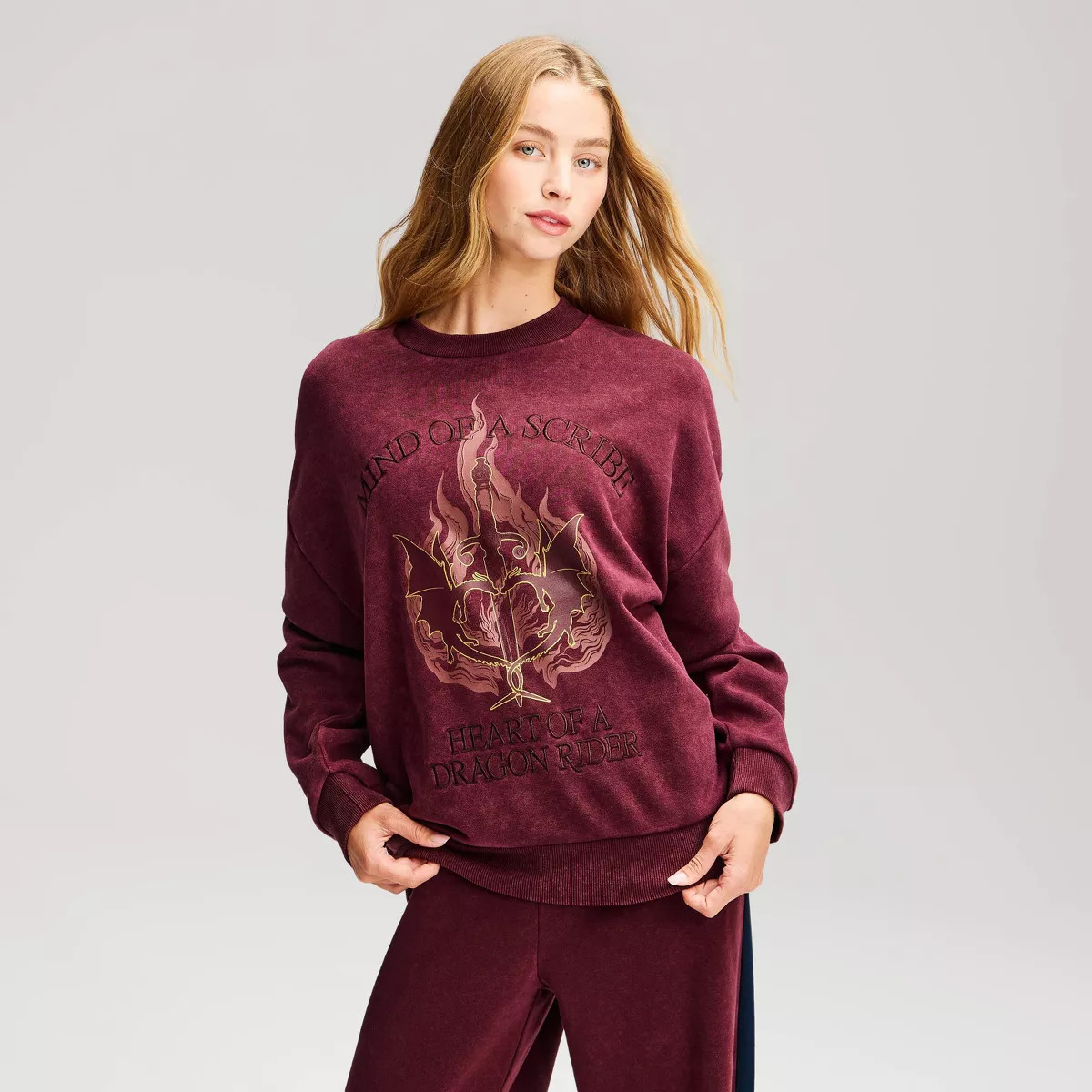 Women's Fourth Wing Mind Of A Scribe Fleece Pullover Sweatshirt - Burgundy L | Target