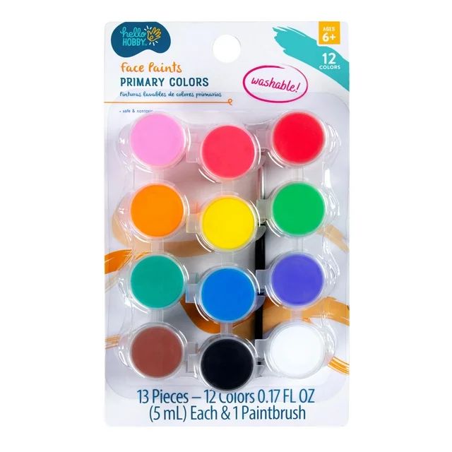 Hello Hobby Face & Body Art Paint 12 Color Pots & Brush, Primary Colors, Washable | Walmart (US)