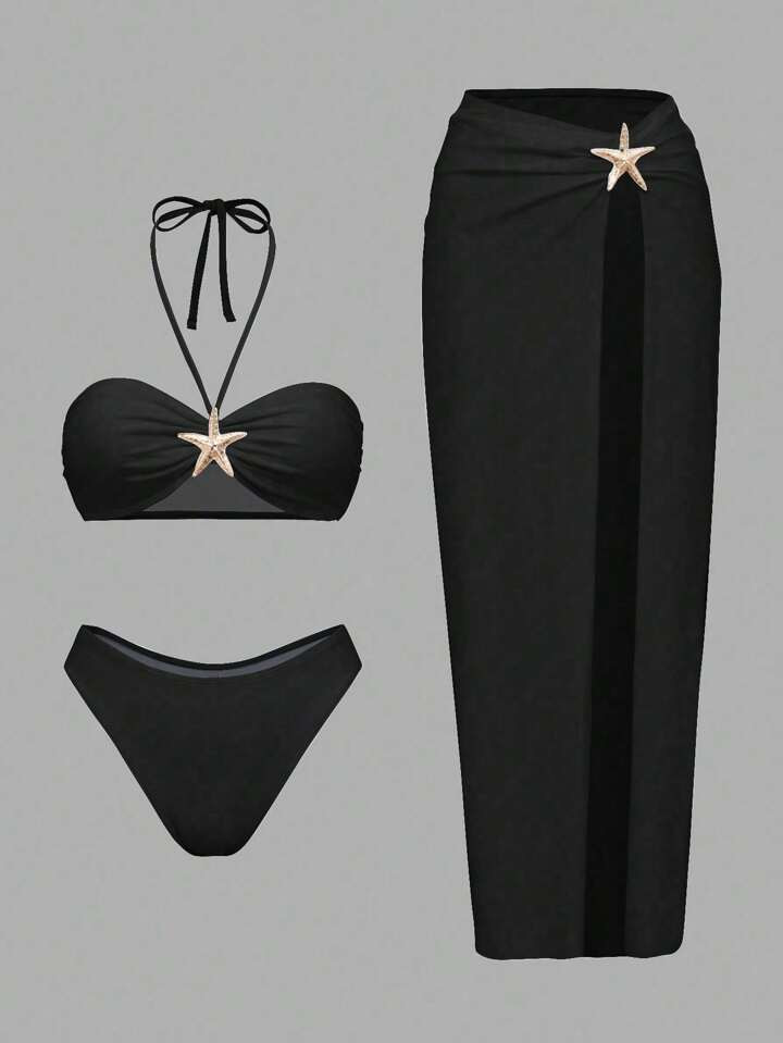 Swim Oasis 3pcs/Set Women Beach Outfit - Solid Color Halter Top, High Cut Bottom, And Front Slit Skirt Swimwear Set | SHEIN