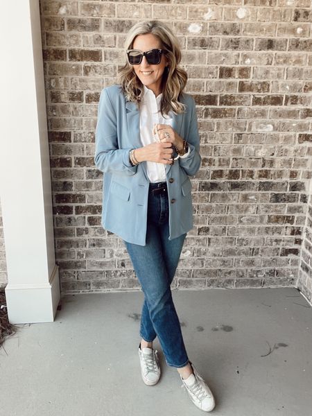 Old Navy is the perfect place to shop for Spring Styles - Friday teaching ootd is a classic powder blue blazer size small// pure comfort// JCrew jeans - size 26 // Plus, classic white button-down- size extra small 🤍

#LTKfindsunder100 #LTKover40 #LTKworkwear