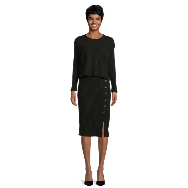 Time and Tru Women's Rib Knit Long Sleeve Top and Midi Skirt Set, 2-Piece , Sizes XS-XXL | Walmart (US)